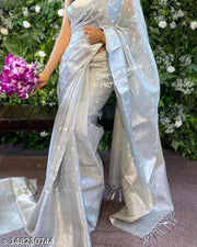 BANARASI ALL OVER TISSUE SILK FANCY SILVER EMBROIDERED PARTY WEDDING WEAR SAREE