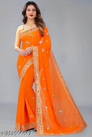 HEAVY KAJU DESIGN EMBROIDERY WORK WITH MIRROR SAREE BY KRADDLE