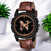 Sky Mart  Analog Round Black Dial ALPHABET N Design Stylish Brown Leather Strap Classic Design Fancy Wrist Watch for Men and Boys, Pack of 1 - ALPHA-N-J16-BLK-BRW-CHL