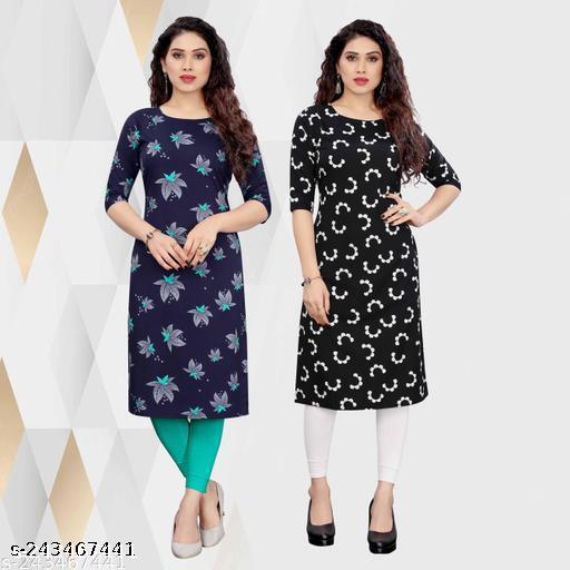 Polyster/Crepe fabric-Women's Multicolor Daily Use Straight Kurti (Pack Of 2 Pcs)