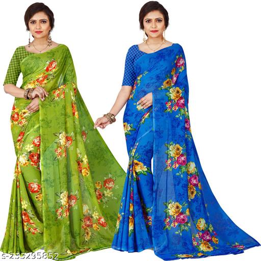 Women's Floral Printed Saree Combo Pack with Unstitched Blouse Piece ( Pack Of 2 )