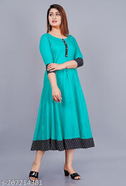 Stylist Women's Solid Printed Round Pleated Flared Kurti (Aqua Blue)