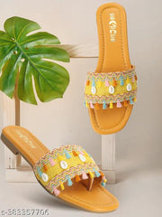 BAMBAM Women's Elegant Embroidered Woven Strap Flat Sandals | Fashionable Tassel Detail Comfort Wear Footwear for Casual & Travel Use
