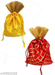 3A FEATURETAIL 13Cm X 18Cm 10pc Red & Yellow Color Golden Berfi Print Small Drawstring Bags Pouches Potli For Gift, Jewelry, Dryfruits & Candy