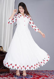 Women's White Rayon Anarkali Gown with Pink Floral Print & Button Detail