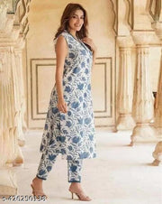 WOMEN BLUE SLEVELESS COTTON KURTA