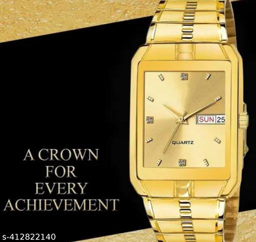 Golden Dial Gold Strap Analogue Waterproof Quartz Gold Plated Day & Date Functioning Watch for Boys & Men