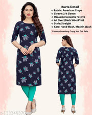 Women Printed Straight Dark Blue Kurtis