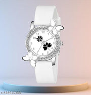 Dimond Studded Flower Design Dial PU Strap Analog Girl's and Women's WHITE Watch(PACK OF 1)