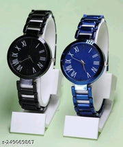 New Ethnic Solid Black Blue Metal Belt Analog Watches Combo for Women