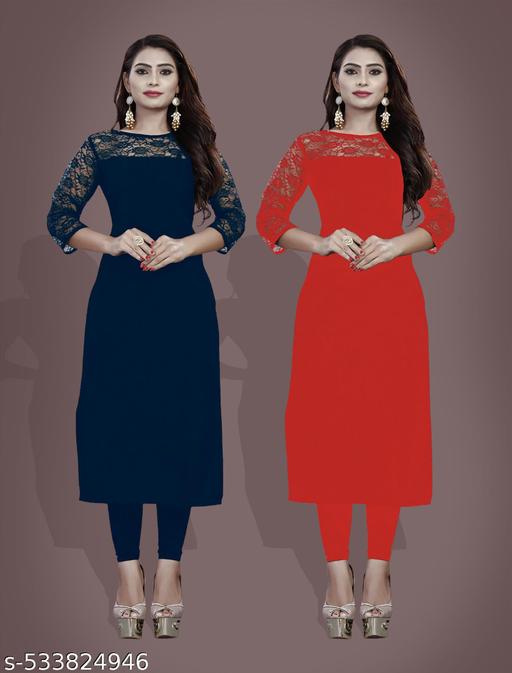 Casual American Crepe And Rasal Net Round Neck 3/4 Sleeves Stylish Pack Of 2 Kurtis For Womans (45"Inches)