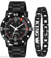 Black Dial Black PU Strap With King Bracelet combo Watch For Boys And men
