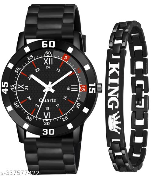 Black Dial Black PU Strap With King Bracelet combo Watch For Boys And men