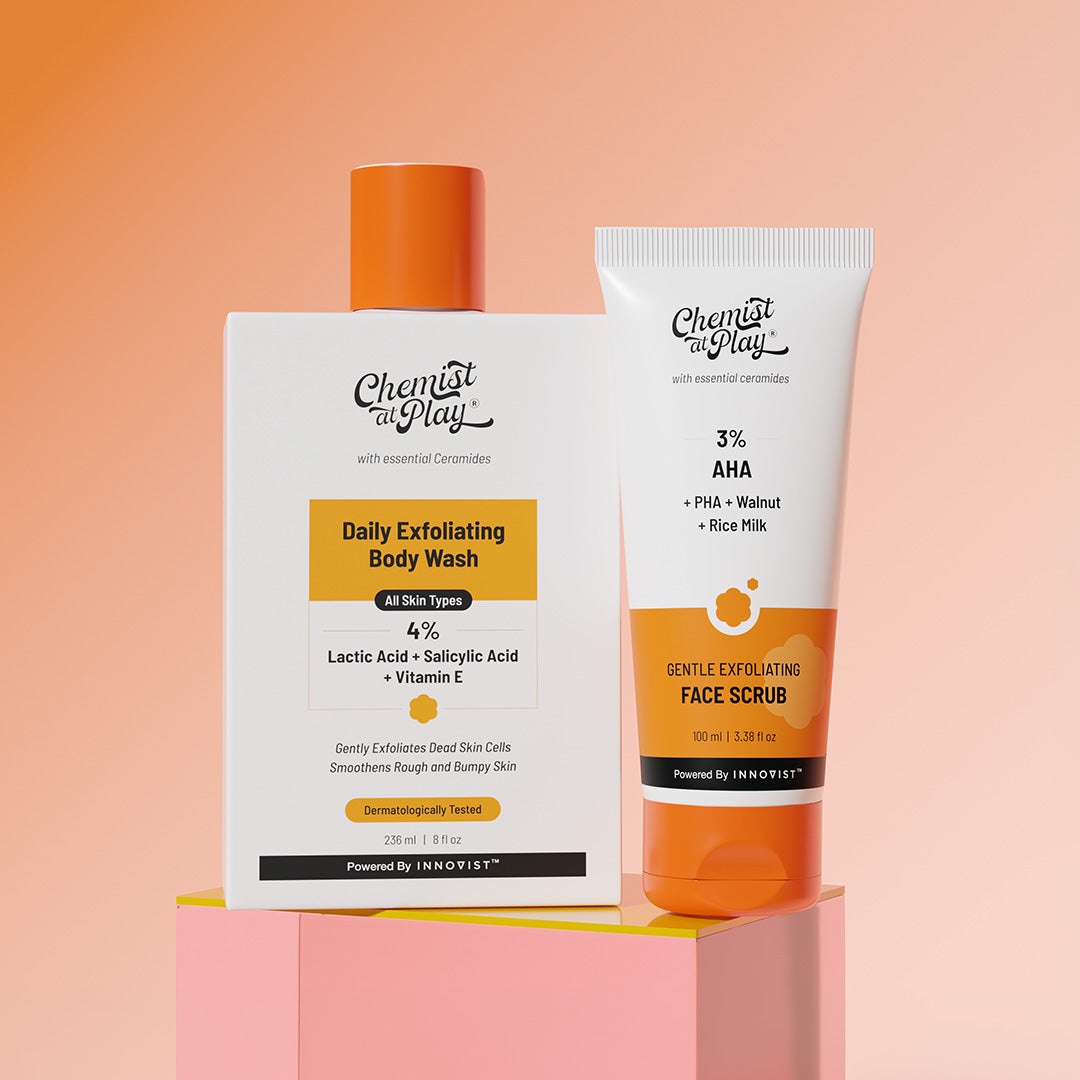 Chemist At Play Detan Duo | Exfoliating Body Wash - 236ml | Gentle Exfoliating Face Scrub - 100ml