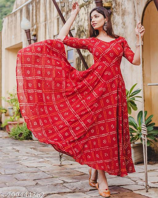 Rayon Printed Red Bandhej Kurti For Women/Girls