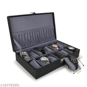 Faux Leather Watch Box Organizer Case For Unisex With 12 Slots For Watches In Black And Grey Color