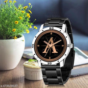 Prathshya Analog Round Black Dial ALPHABET A Design Stylish Black PUn Strap Classic Design Fancy Wrist Watch for Men and Boys, Pack of 1 - ALPHA-A-AVO-SIL-CDBLK