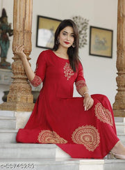 Women Red & Golden Block Print Anarkali Kurta