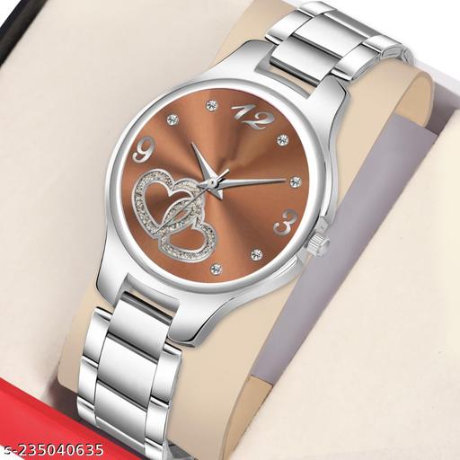 HRV Brown Double Heart Dial Metal Silver Belt Girls watch