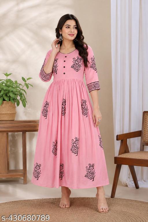 Festive Special Womens Printed Rayon Anarkali Kurti for Women - Festive & Casual Wear, Best-Selling Hand Block, Original Brand,  New Arrival