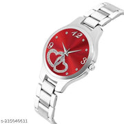 HRV Red Double Heart Dial Metal Silver Belt Girls watch