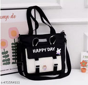 Korean Style Cute New Happy Day Tote Bag Large Capacity Bag Multi-functional Bag One Shoulder Crossbody Tution Bag, Study Bag (PACK OF 1)(BLACK)