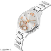 HRV Rose Gold Double Heart Dial Metal Silver Belt Girls watch