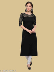 Casual American Crepe And Net Round-Neck 3/4 Length Sleeve Black Kurti (45"Inches)