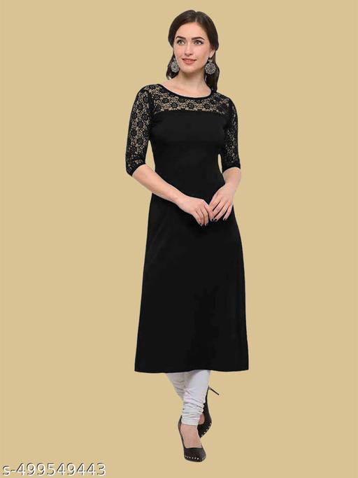 Casual American Crepe And Net Round-Neck 3/4 Length Sleeve Black Kurti (45"Inches)