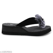 Feens Black EVA Light Weight Bindi Phool and Flower Printed Heel Slippers Flip Flop for Women & Girls Combo of 2