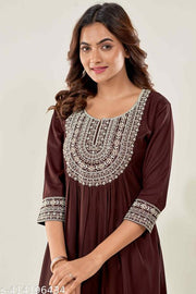 Glomee Presented Rayon Cotton Embroidery work Nayra cut kurta (BROWN)