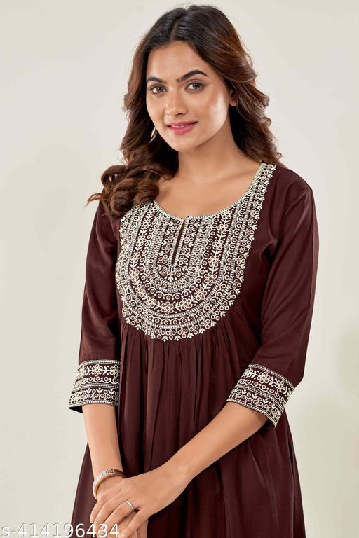 Glomee Presented Rayon Cotton Embroidery work Nayra cut kurta (BROWN)