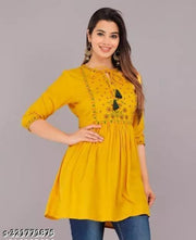 Women Rayon Emb Stylish Sky Blue Top & Tunics, Frock_Top,Kurti_Top