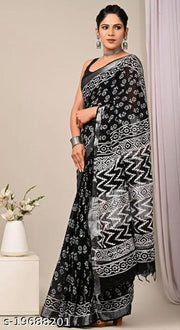 Hand Block Kalamkari Batik Indigo Ajrakh Printed Cotton Linen Saree With Blouse For Women's
