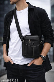 Stylish Black Leather Sling Bag for Men | Crossbody Shoulder Bag | Office & Casual Use