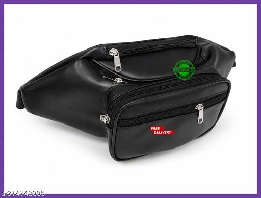 K London Stylish Leather Black Waist Bag for Men & Women | Multi-Pocket Travel Fanny Pack with Adjustable Strap | Stylish Black Waist Pouch for Travel, Hiking, Outdoor & Daily Use