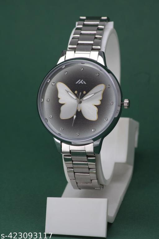 Trendy Ethnic Embossed Fly Designer Shiny Silver Round Case Dial Gorgeous Slim Fit Stainless Steel Chain Analog Watch for Women for Girls.