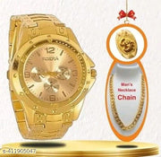 Gold Dial Golden Wrist watch for men watch With free ring And  Men With Free Designer Flat Chain gold plated chain