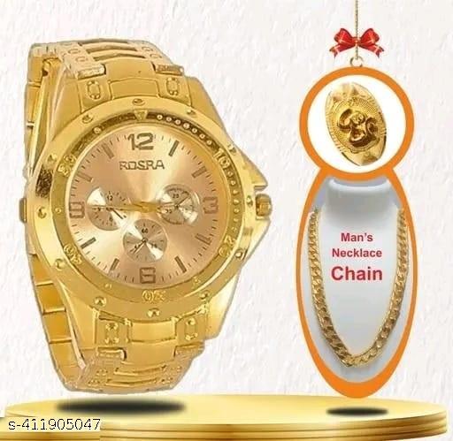 Gold Dial Golden Wrist watch for men watch With free ring And  Men With Free Designer Flat Chain gold plated chain