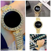 AMIGOS- Women's Round Luxury Crystal Rhinestone Diamond Stainless Steel Iced Out digital Watch with Japan Quartz Movement (Gold)