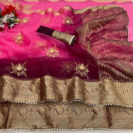 Beautiful Organza Embroidery Work Lace Border Saree With Running Blouse Piece