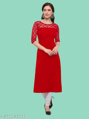 Casual American Crepe And Net Round-Neck 3/4 Length Sleeve Red Kurti (45"Inches)