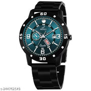 ANALOG DAY & DATE TURQUOISE DIAL & BLACK CHAIN WATCH FOR MEN