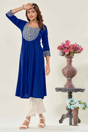 Glomee Presented Rayon Cotton Embroidery work Nayra cut kurta (BLUE)