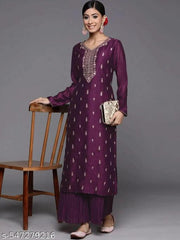 SURPANTH Women Floral Motifs Sequins Work Kurta (WINE)