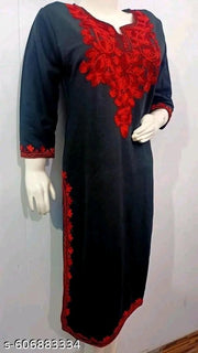 New Look Fashion Woolen Kurtis | Kashmiri Embroidery Designee Kurti Knee Length