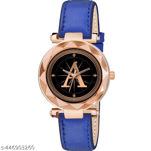 Skoal Analog Round Black Dial ALPHABET A Design Stylish Blue Leather Strap Classic Design Fancy Wrist Watch for Women and Girls, Pack of 1 - ALPHA-A-GEN-RG-BLU-L