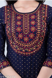Women's Rayon Yoke Embroidery Blue Kurta