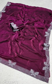 Women's Hot Fixing Stone Work Butterfly Design Saree with Unstitched Blouse Piece.