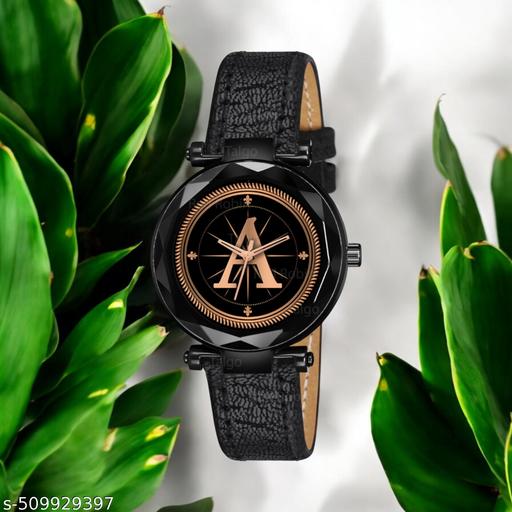 Atix ALPHABET "A" New Arrival Stylish Analog Wrist Watch for Women and Girls - Classic Round Black Dial with Trendy Black Leather Strap| Pack of 1 | ALPHA-A-GEN-BK-BLK-CUTL